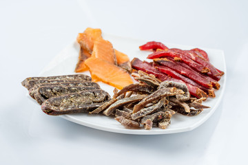 Smoked meat to beer. venison, meat sausage, salted red fish. beer kit. Meat dish