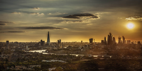 overexposed, destaurated and dramatic London  skyline at sunset