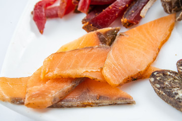 Smoked meat to beer. venison, meat sausage, salted red fish. beer kit. Meat dish