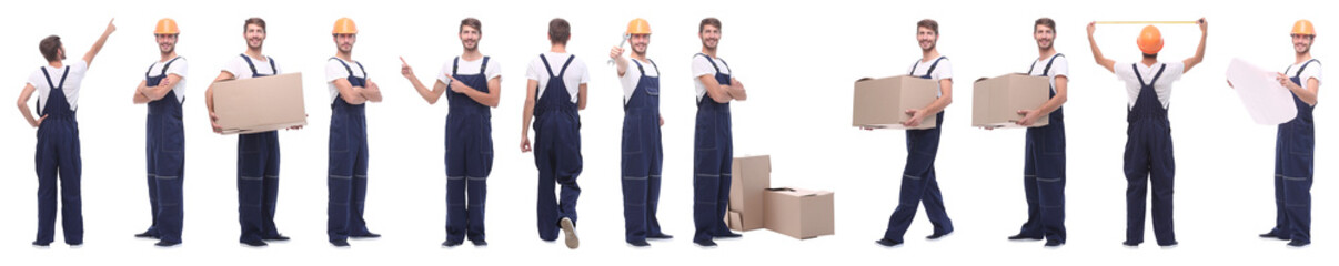 panoramic collage of skilled handyman isolated on white