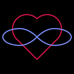 Polyamory Symbol. Heart and infinity. Endless love. Black background and linear style