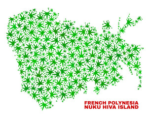 Vector marijuana Nuku Hiva Island map collage. Template with green weed leaves for marijuana legalize campaign. Vector Nuku Hiva Island map is composed with weed leaves.