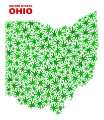 Vector marijuana Ohio State map collage. Template with green weed leaves for hemp legalize campaign. Vector Ohio State map is organized with weed leaves.
