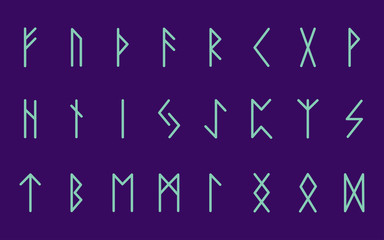 Set of ancient Norse runes. Runic alphabet, Futhark. Ancient occult symbols. Vector illustration. Old German blue letters on a purple background