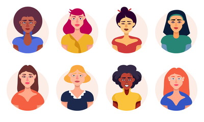 Group Of Women Of Different Races Avatar Icons Set Vector Flat Illustration Isolated On White Background. Girl Power. Women Rights. Woman Beautiful Vector.  Woman Happy Vector