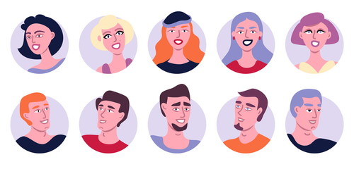 Avatar Icons Set Flat Vector Illustration. Group Of Different Young People Beautiful Women And Men Isolated On White Background. Happy Friends Day. Human Rights. People Young. People Happy
