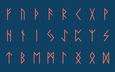 Set of ancient Norse runes. Runic alphabet, Futhark. Ancient occult symbols. Vector illustration. Old German coral letters on blue background