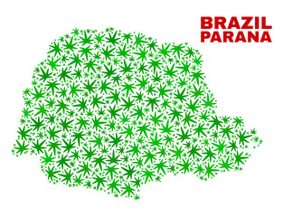 Vector cannabis Parana State map collage. Template with green weed leaves for cannabis legalize campaign. Vector Parana State map is formed with cannabis leaves.