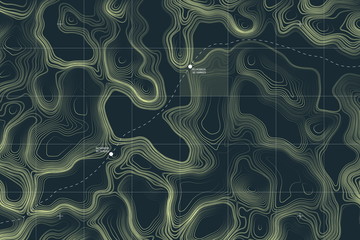 View From Above Alien Terrain Conceptual Vector Topographic Map With Route And Coordinates User Interface Abstract Background. Topographic Cartography. Topographic Map. Topographic Relief