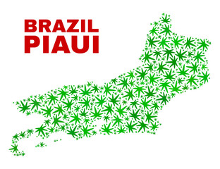 Vector cannabis Piaui State map mosaic. Template with green weed leaves for cannabis legalize campaign. Vector Piaui State map is designed from cannabis leaves.