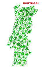 Vector cannabis Portugal map mosaic. Template with green weed leaves for weed legalize campaign. Vector Portugal map is created from cannabis leaves.