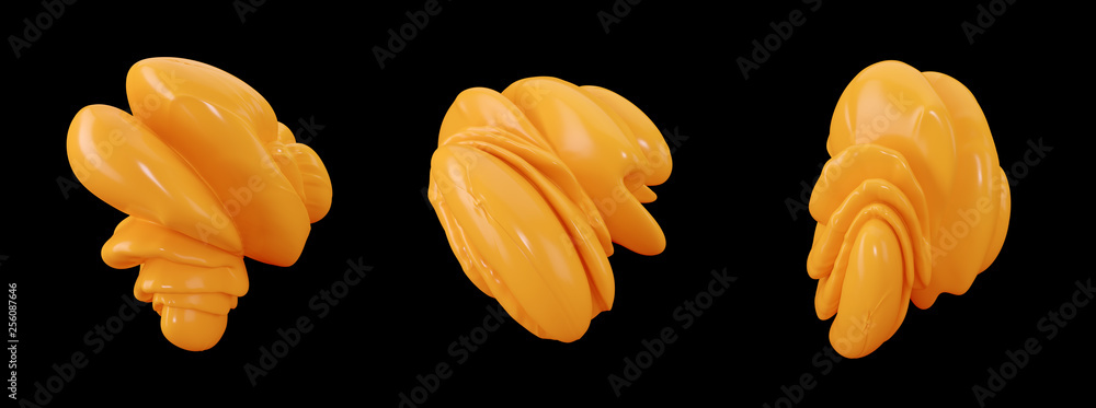 Poster 3d abstract yellow shapes. creative shiny rendering isolated on black background. set of different d