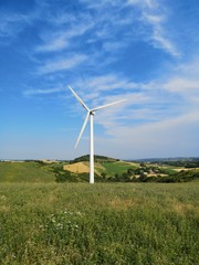 Une éolienne de face dans un champs d'herbe verte