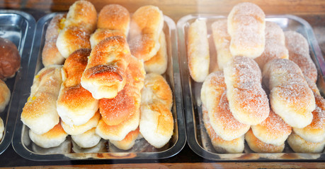 Fresh bakery cooking bake with sugar sprinkle in the kitchen on tray