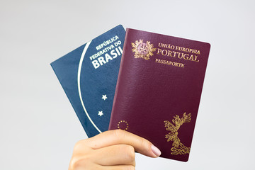 Hand holding Brazilian passport (Translation 