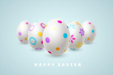 Happy Easter holiday background. 3d realistic eggs with blur effect. Vector illustration.
