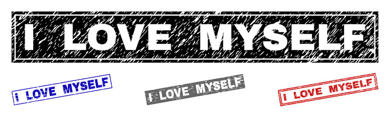 Obraz premium Grunge I LOVE MYSELF rectangle stamp seals isolated on a white background. Rectangular seals with grunge texture in red, blue, black and grey colors.