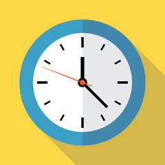 Blue clock on a yellow background. Flat vector illustration.