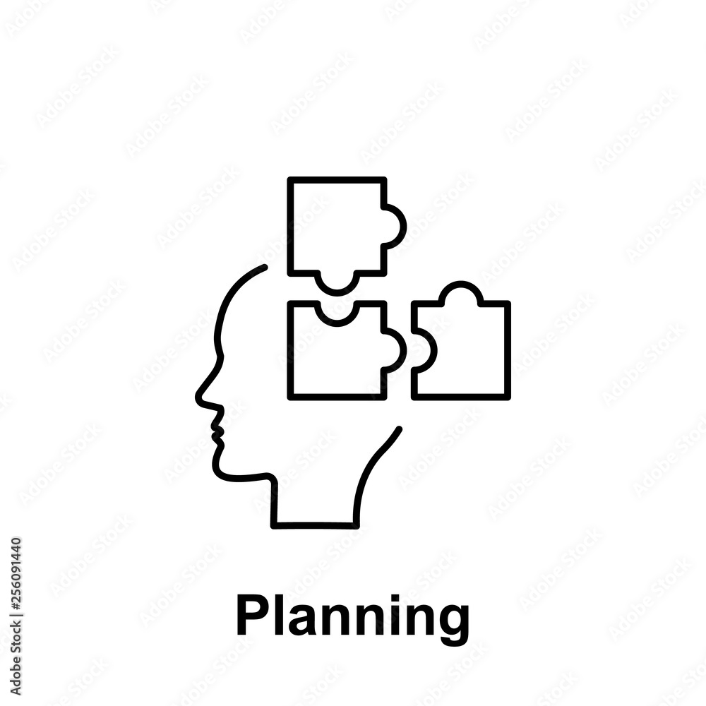 Poster puzzle, strategy, brain icon. element of creative thinkin icon witn name. thin line icon for website