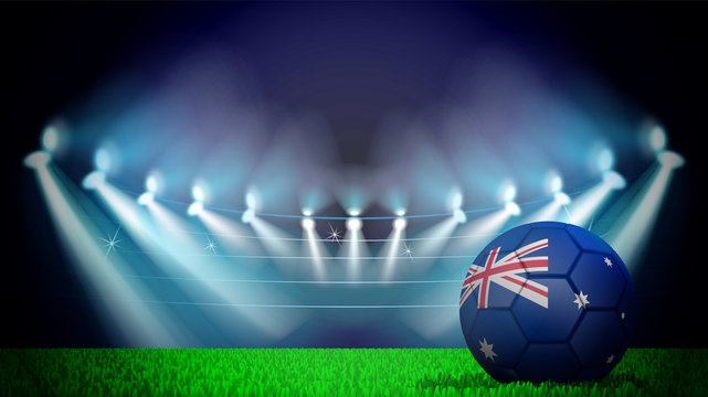 illustration of realistic soccer ball painted in the national flag of Australiya on lighted stadium. Vector can be used in advertising