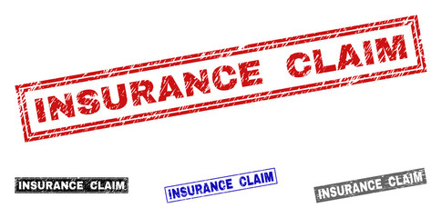 Grunge INSURANCE CLAIM rectangle stamp seals isolated on a white background. Rectangular seals with grunge texture in red, blue, black and grey colors.