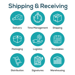 Fototapeta premium Shipping and Receiving Icon Set with Boxes, Warehouse, checklist, etc