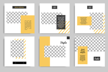 Editable square abstract geometric banner template for social media post. Black and yellow frame in the white background. Minimal design background vector illustration