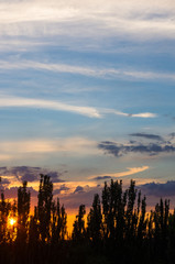 Landscape with dramatic light - beautiful golden sunset with saturated sky and clouds.
