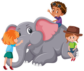 Children playing with elephant