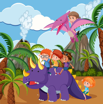 Children riding dinosaur in prehistoric scene
