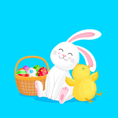 White rabbit sitting between little chick and egg basket. Cartoon character design. Easter holiday concept. Vector illustration isolated on blue background.