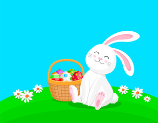 White rabbit sitting with egg basket. Cartoon character design. Easter holiday concept. Vector illustration isolated on blue background.