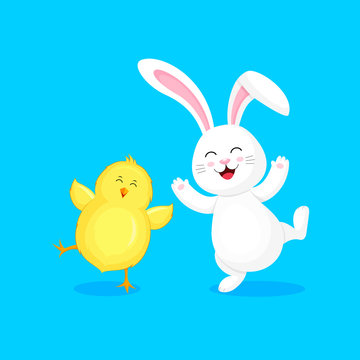 White rabbit jumping and dancing with little chick. Cartoon character design. Easter holiday concept. Vector illustration isolated on blue background.