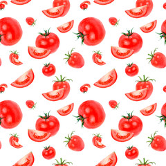 Watercolor hand drawn tomatoes isolated seamless pattern.