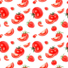Watercolor hand drawn tomatoes isolated seamless pattern.