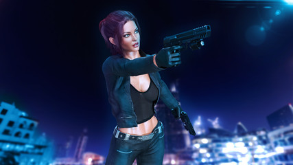 Fototapeta na wymiar Action girl with guns, woman in leather suit shooting hand weapons with night city in background, 3D rendering