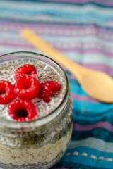 Jar of chia seeds with oats and red raspberries and wooden spoon on colorful background