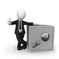 3d businessman with bank safe shows thumss up.