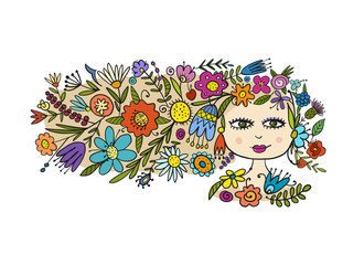 Greeting card design with pretty floral woman