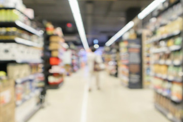supermarket aisle with product shelves interior defocused blur background