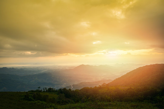 Sunrise Or Sunset Over Colorful View On Hill Mountain Nature Landscape Yellow Sky Dramatic Cloud Background