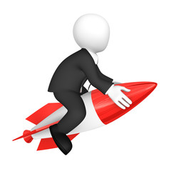 3d white businessman flies, sitting on a rocket