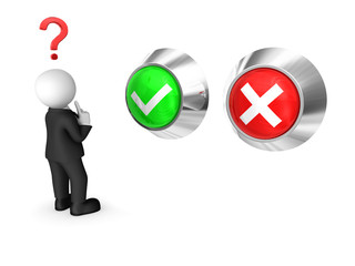 3d businessman in black suite and yes / no buttons.