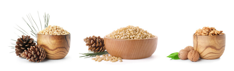 Set of bowls with different organic nuts on white background