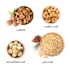 Set of bowls with different organic nuts on white background, top view