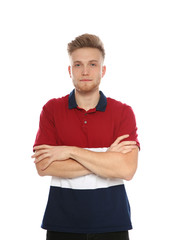 Portrait of handsome young man on white background