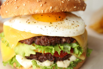 Closeup view of tasty burger with fried egg