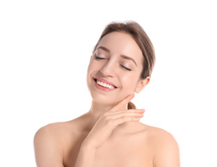 Portrait of young woman with perfect smooth skin on white background. Beauty and body care