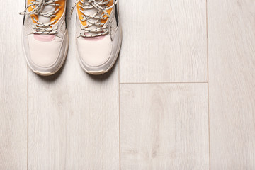 Pair of sport shoes on wooden floor, top view with space for text