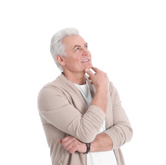 Portrait of handsome mature man on white background